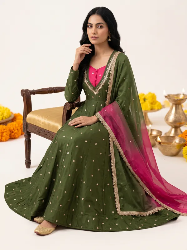 SAIVRITI's_Meher_Anarkali_FENDI_suit_set_with_Dupatta_|_SweatHeart_Neck_with_Mirror_work_|_M,L,XL,XXL