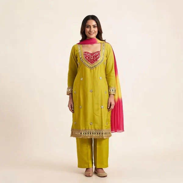 Lime_Green_Roman_Silk_Mirror_Work_Kurta_Palazzo_Set_With_Dupatta_For_Women