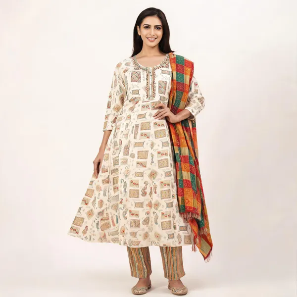 Cream_Cotton_Jaipuri_Print_Anarkali_Kurta_Set_With_Dupatta_For_Women