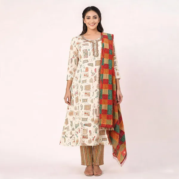 Cream_Cotton_Jaipuri_Print_Anarkali_Kurta_Set_With_Dupatta_For_Women