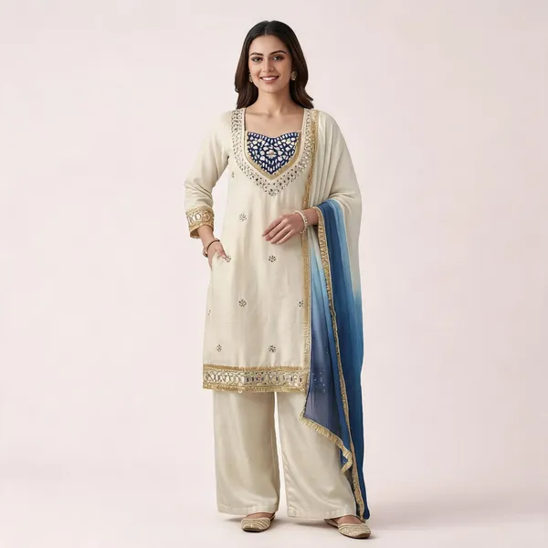 White_&_Blue_Glass_Roman_Silk_Mirror_Work_Kurta_Palazzo_Set_With_Dupatta_For_Women