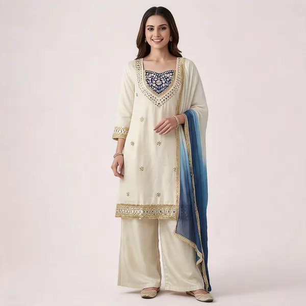 White_&_Blue_Glass_Roman_Silk_Mirror_Work_Kurta_Palazzo_Set_With_Dupatta_For_Women