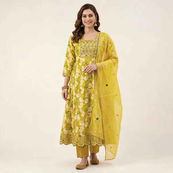 Yellow_Cotton_Printed_Anarkali_Kurta_Set_With_Dupatta_For_Women