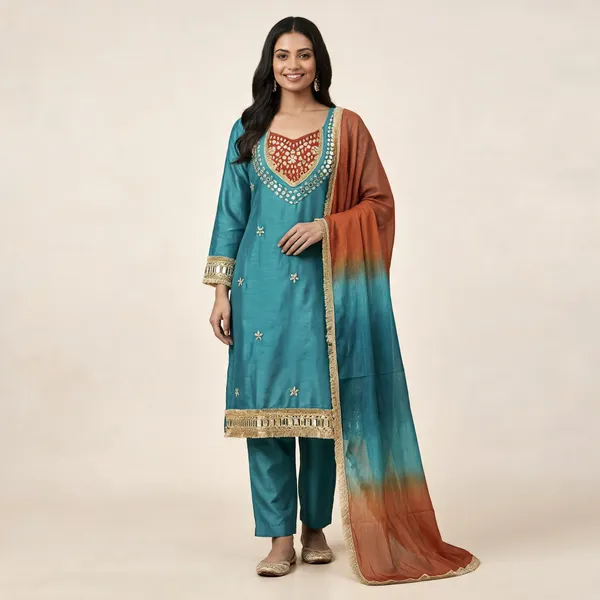 Teal_Roman_Silk_Mirror_Work_Kurta_Palazzo_Set_With_Dupatta_For_Women