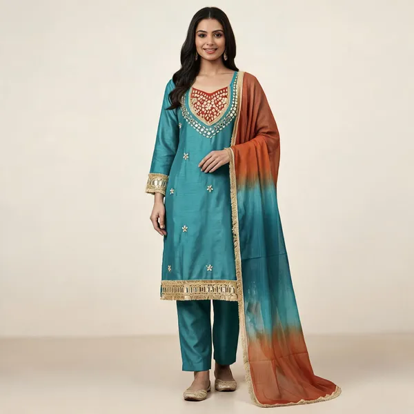 Teal_Roman_Silk_Mirror_Work_Kurta_Palazzo_Set_With_Dupatta_For_Women