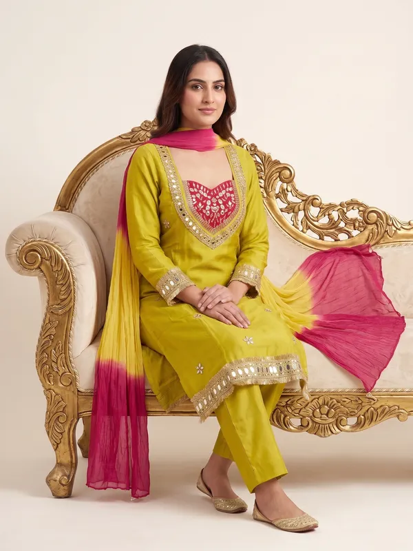 Lime_Green_Roman_Silk_Mirror_Work_Kurta_Palazzo_Set_With_Dupatta_For_Women