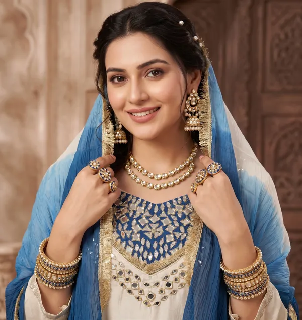 White_&_Blue_Glass_Roman_Silk_Mirror_Work_Kurta_Palazzo_Set_With_Dupatta_For_Women