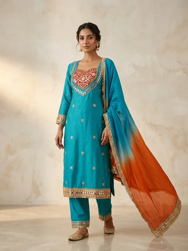 Teal_Roman_Silk_Mirror_Work_Kurta_Palazzo_Set_With_Dupatta_For_Women
