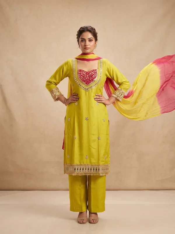 Lime_Green_Roman_Silk_Mirror_Work_Kurta_Palazzo_Set_With_Dupatta_For_Women