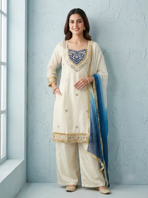 White_&_Blue_Glass_Roman_Silk_Mirror_Work_Kurta_Palazzo_Set_With_Dupatta_For_Women