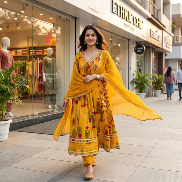 Yellow_Cotton_Printed_Anarkali_Kurta_Set_With_Dupatta_For_Women