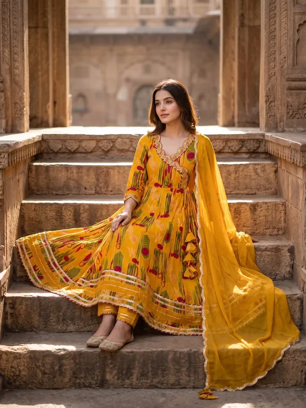 Yellow_Cotton_Printed_Anarkali_Kurta_Set_With_Dupatta_For_Women