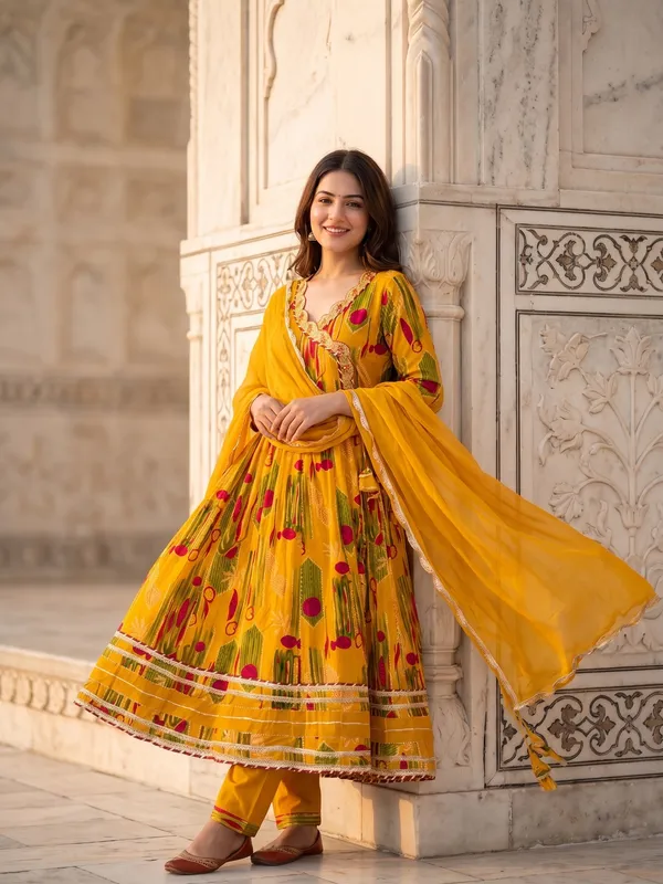 Yellow_Cotton_Printed_Anarkali_Kurta_Set_With_Dupatta_For_Women