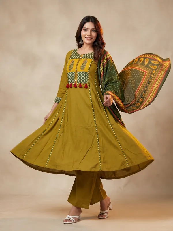 Olive_Cotton_Printed_Anarkali_Kurta_Set_With_Dupatta_For_Women
