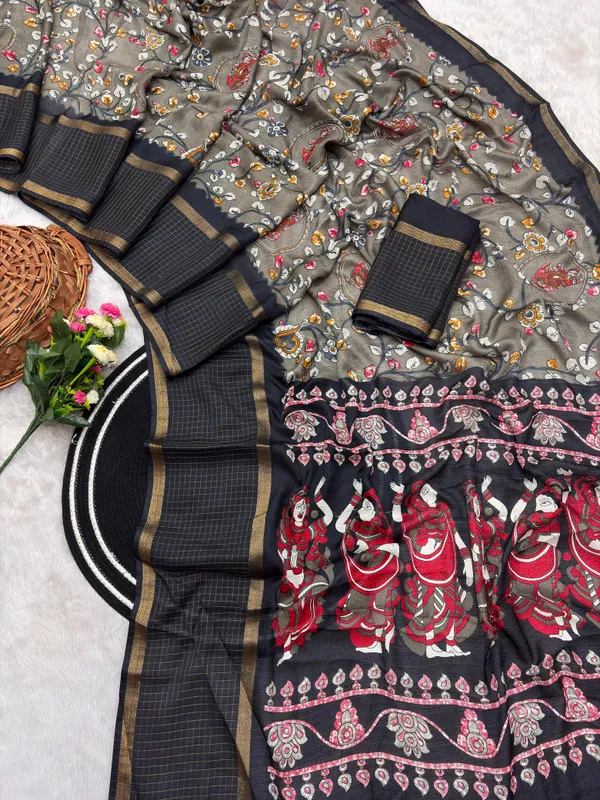 Brown_Cotton_Chex_Saree_With_Unstitched_Blouse_For_Women