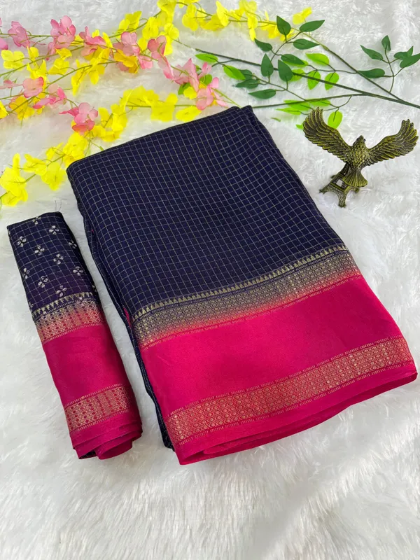 Navy_Blue_Cotton_Chex_Saree_With_Unstitched_Blouse_For_Women