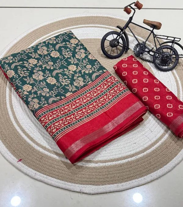 Green_Malmal_Cotton_Saree_With_Unstitched_Blouse_For_Women