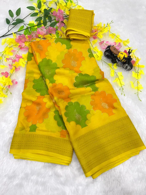 Yellow_Georgette_Foil_Saree_With_Unstitched_Blouse_For_Women