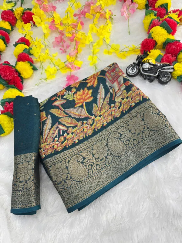 Teal_Blue_Georgette_Foil_Saree_With_Unstitched_Blouse_For_Women