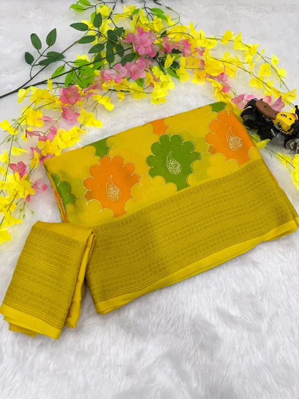 Yellow_Georgette_Foil_Saree_With_Unstitched_Blouse_For_Women