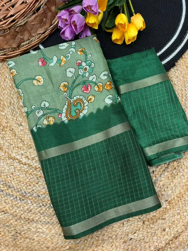 Pista_Green_Cotton_Chex_Saree_With_Unstitched_Blouse_For_Women