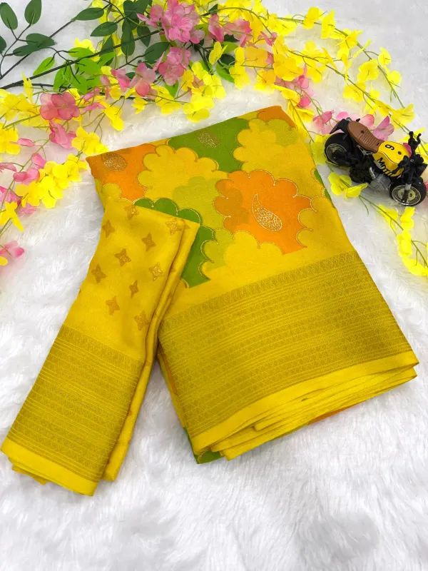 Yellow_Georgette_Foil_Saree_With_Unstitched_Blouse_For_Women