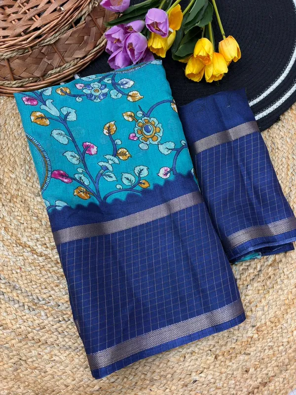 Sky_Blue_Cotton_Chex_Saree_With_Unstitched_Blouse_For_Women