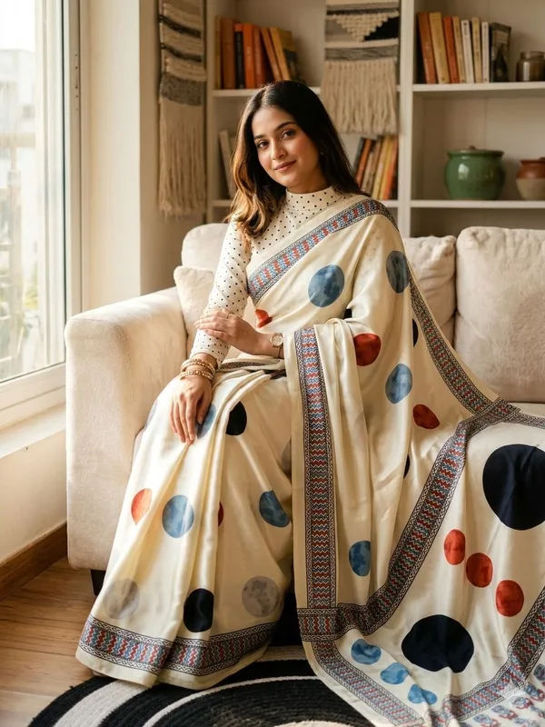 Cream_Japan_Satin_Saree_With_Unstitched_Blouse_For_Women