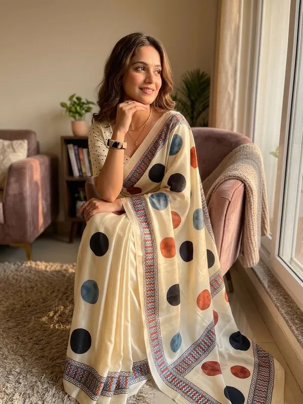 Cream_Japan_Satin_Saree_With_Unstitched_Blouse_For_Women