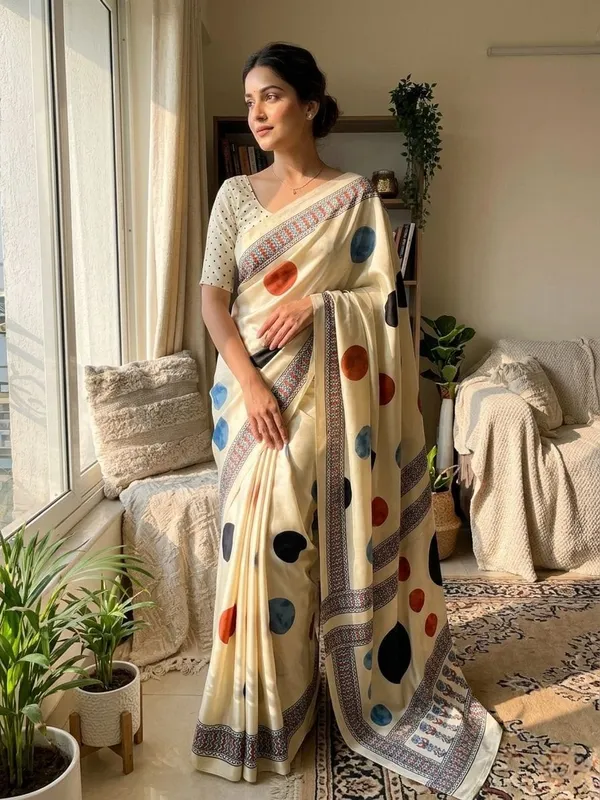 Cream_Japan_Satin_Saree_With_Unstitched_Blouse_For_Women