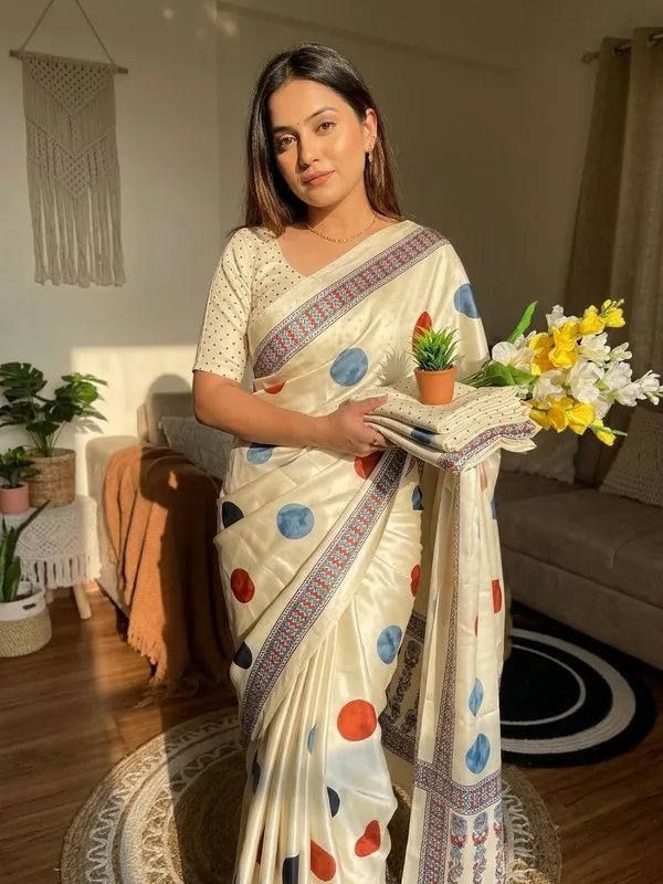 Cream_Japan_Satin_Saree_With_Unstitched_Blouse_For_Women