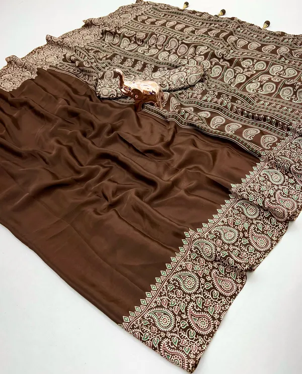 Brown_Japan_Satin_Saree_With_Unstitched_Blouse_For_Women