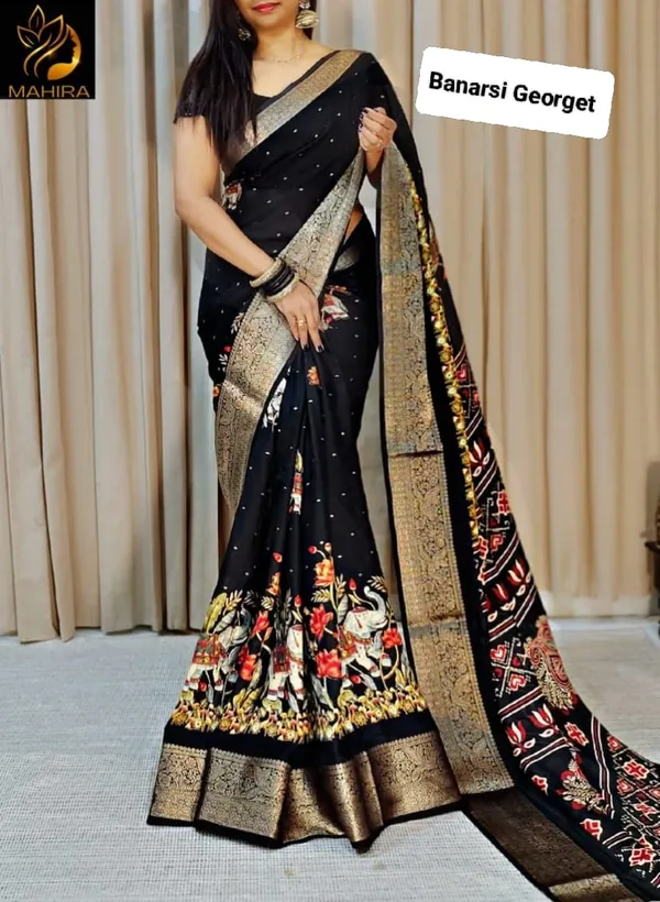 Black_Georgette_Foil_Saree_With_Unstitched_Blouse_For_Women