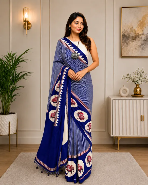 Royal_Blue_Japan_Satin_Saree_With_Unstitched_Blouse_For_Women