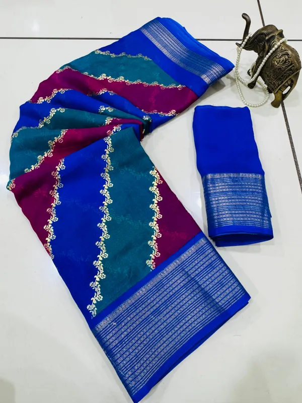 Royal_Blue_Georgette_Foil_Saree_With_Unstitched_Blouse_For_Women