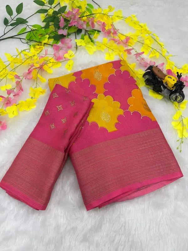 Orange_Yellow_Georgette_Foil_Saree_With_Unstitched_Blouse_For_Women