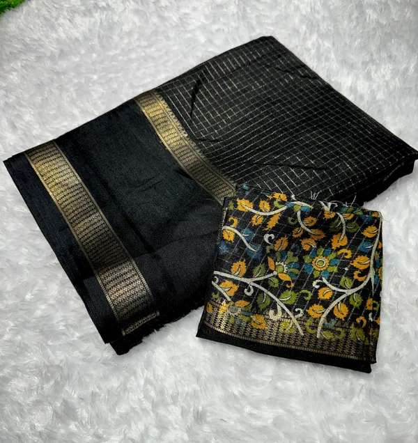 Black_Cotton_Chex_Saree_With_Unstitched_Blouse_For_Women