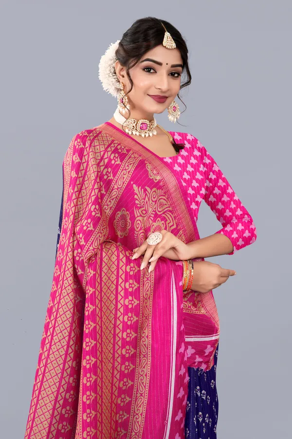 Navy_Blue_Dola_Silk_Saree_With_Unstitched_Blouse_For_Women