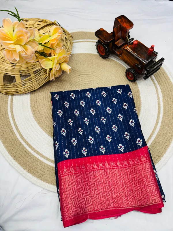 Navy_Blue_Dola_Silk_Saree_With_Unstitched_Blouse_For_Women