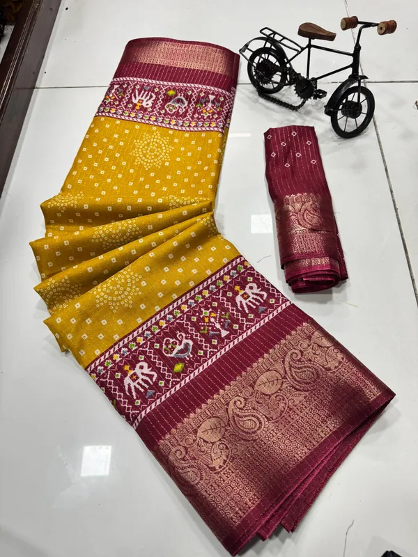 Mustard_Yellow_Dola_Silk_Saree_With_Unstitched_Blouse_For_Women