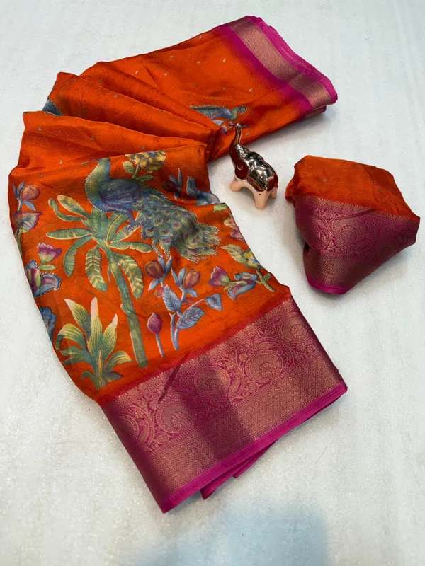 Orange_Georgette_Foil_Saree_With_Unstitched_Blouse_For_Women