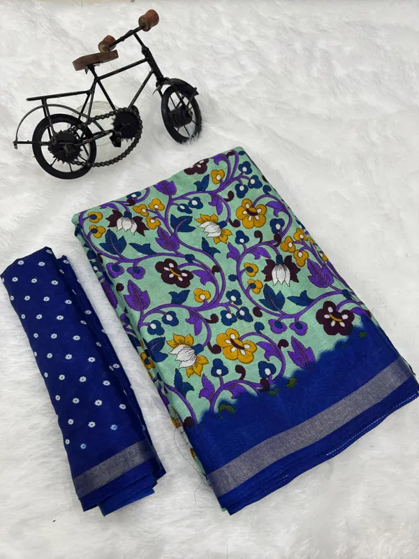 Sea_Green_Malmal_Cotton_Saree_With_Unstitched_Blouse_For_Women