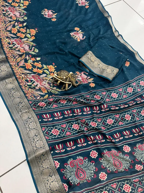 Teal_Blue_Georgette_Foil_Saree_With_Unstitched_Blouse_For_Women