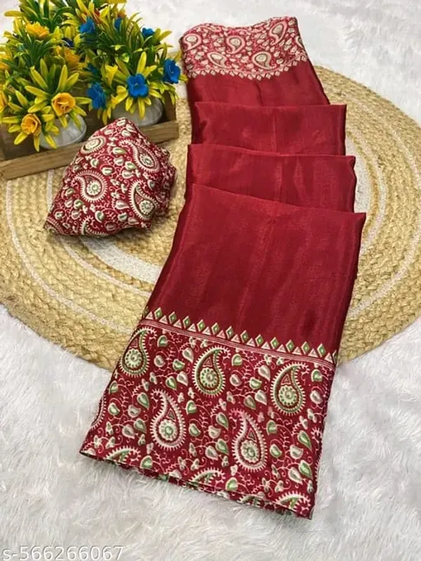 Maroon_Japan_Satin_Saree_With_Unstitched_Blouse_For_Women
