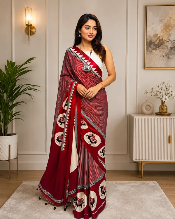 Red_Japan_Satin_Saree_With_Unstitched_Blouse_For_Women