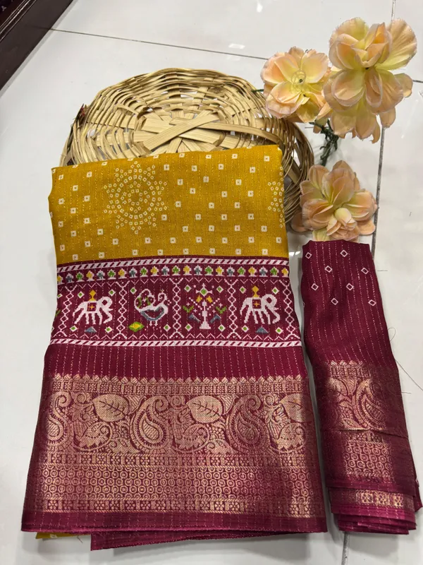 Mustard_Yellow_Dola_Silk_Saree_With_Unstitched_Blouse_For_Women