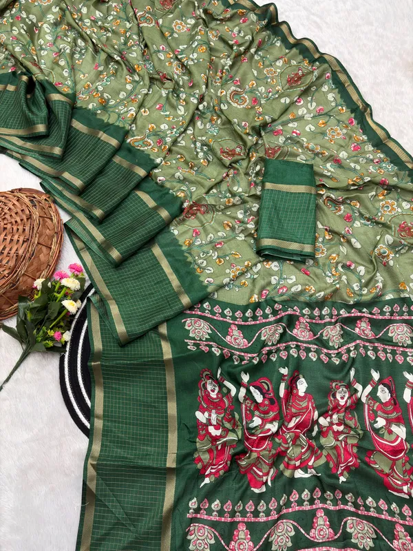 Pista_Green_Cotton_Chex_Saree_With_Unstitched_Blouse_For_Women