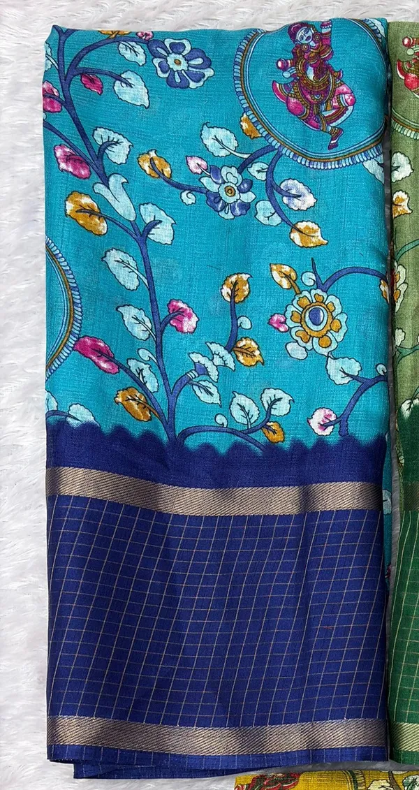 Sky_Blue_Cotton_Chex_Saree_With_Unstitched_Blouse_For_Women