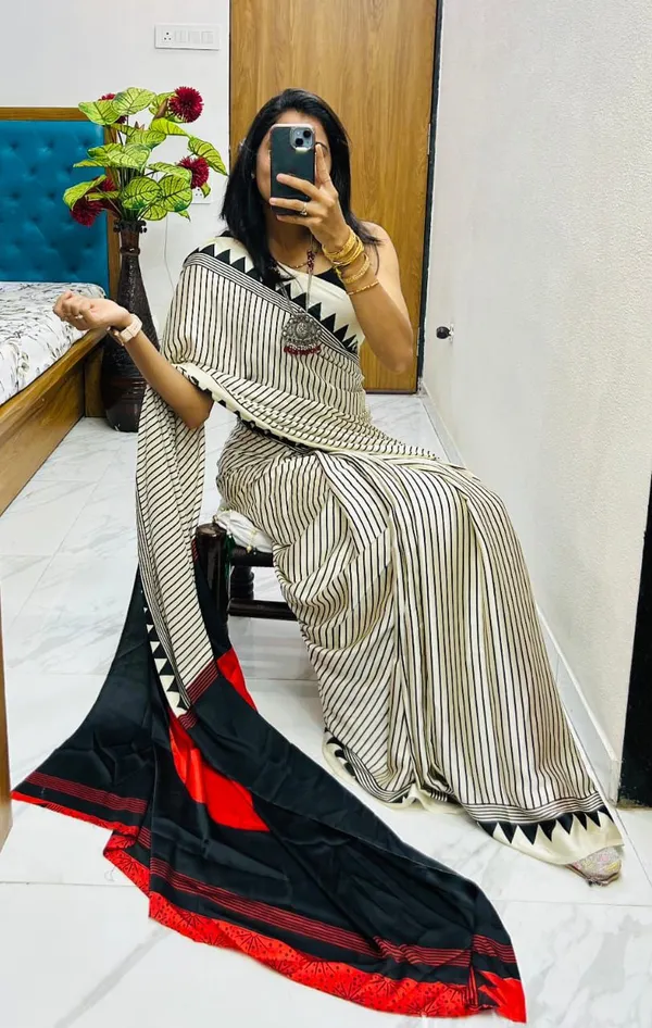 Cream_Japan_Satin_Saree_With_Unstitched_Blouse_For_Women