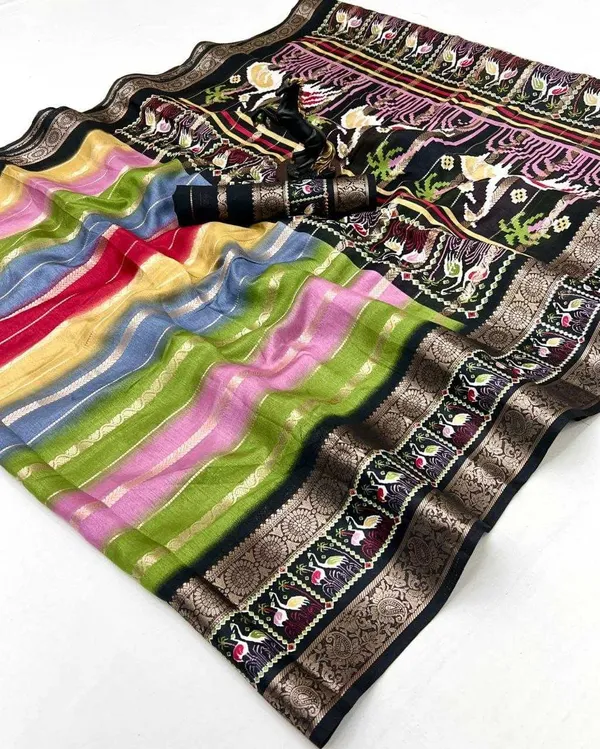 Multicolor_Dola_Jacquard_Saree_With_Unstitched_Blouse_For_Women